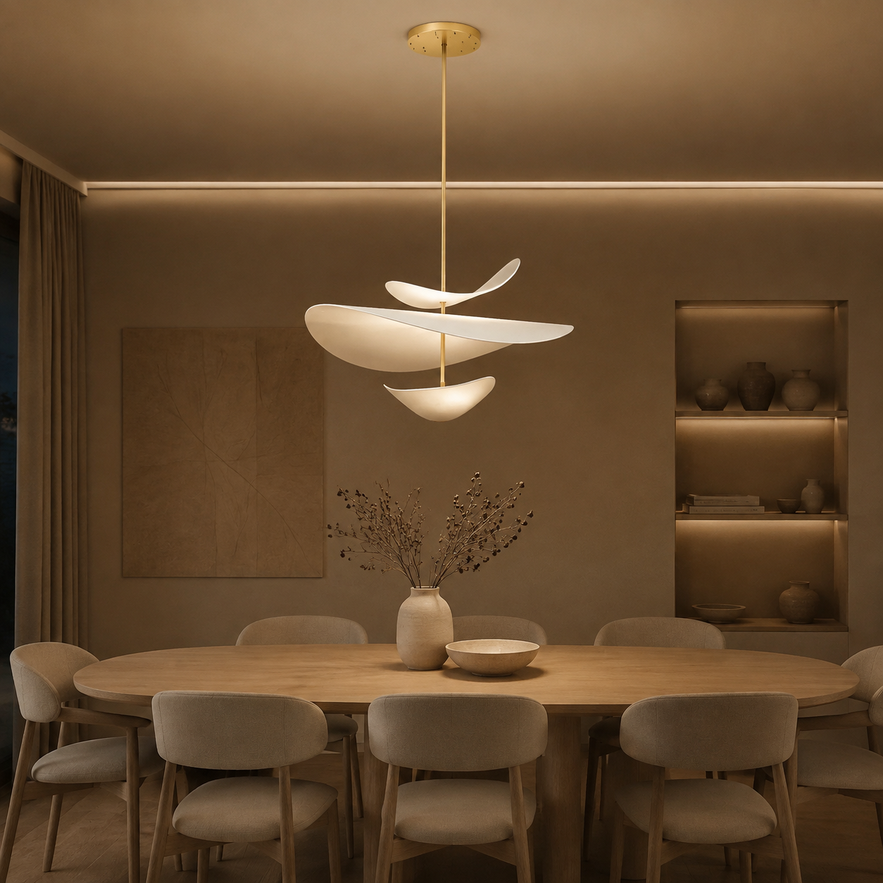 Warm sculptural LED pendant light illuminating a neutral evening dining room
