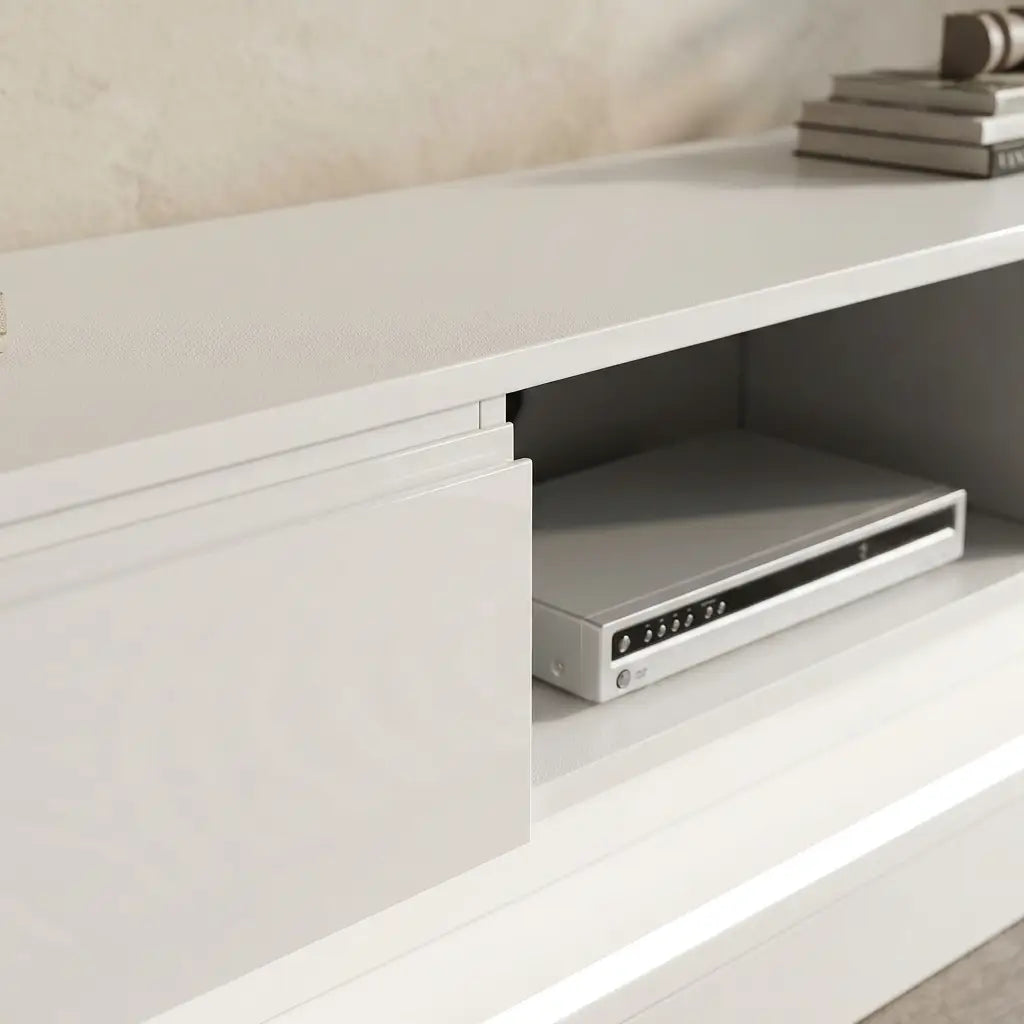 White high-gloss 160cm LED TV unit with storage with warm natural wood styling in a living room