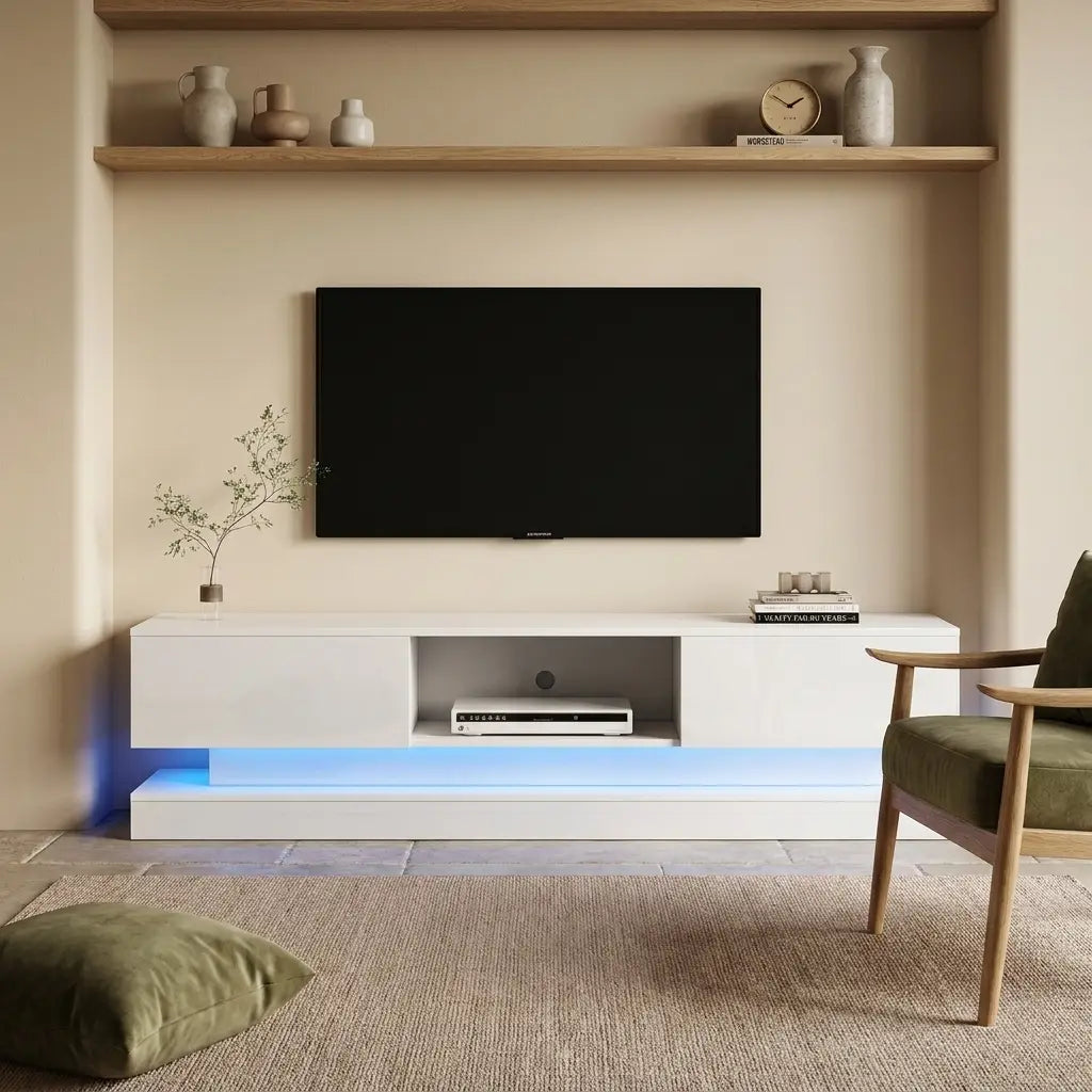 White high-gloss 160cm LED TV unit with storage in soft natural daylight in a living room