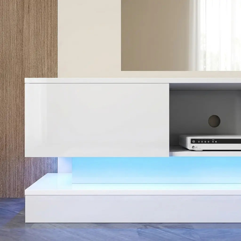 White high-gloss 160cm LED TV unit with storage shown at room scale in a living room