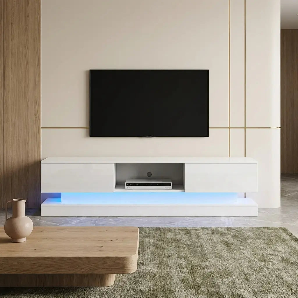 White high-gloss 160cm LED TV unit with storage from a customer-friendly angle in a living room