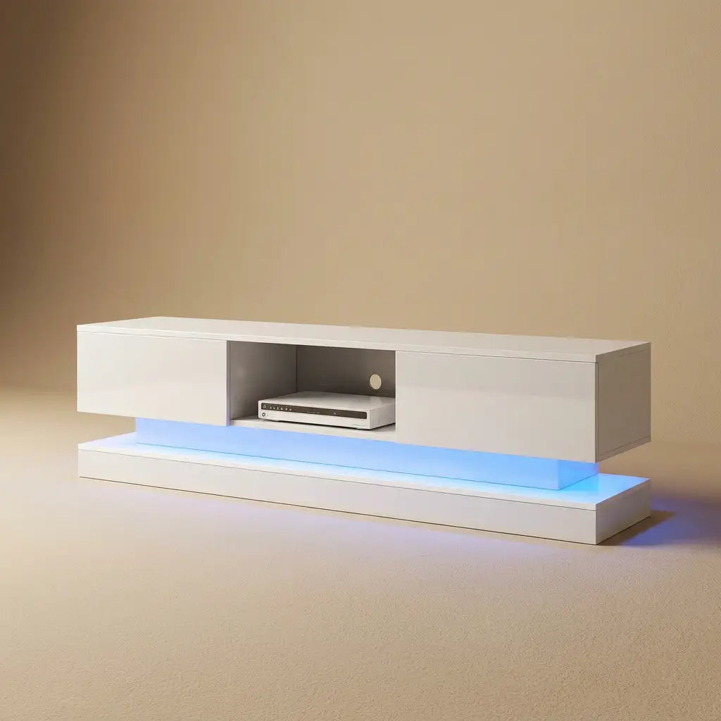 White high-gloss 160cm LED TV unit with storage premium product hero view in a living room