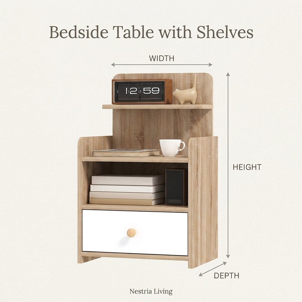 White bedside shelf unit with drawer, side profile
