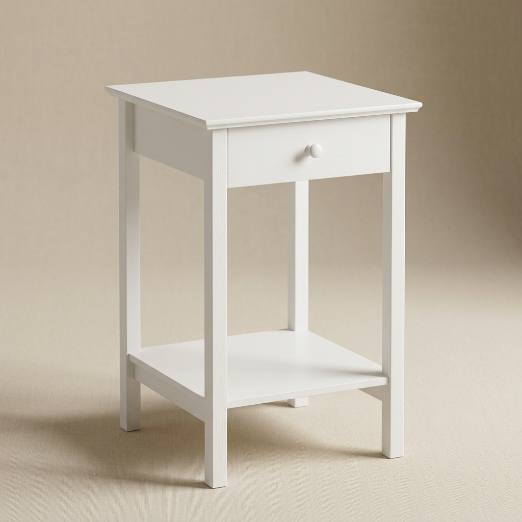 White bedside table with drawer and open shelf