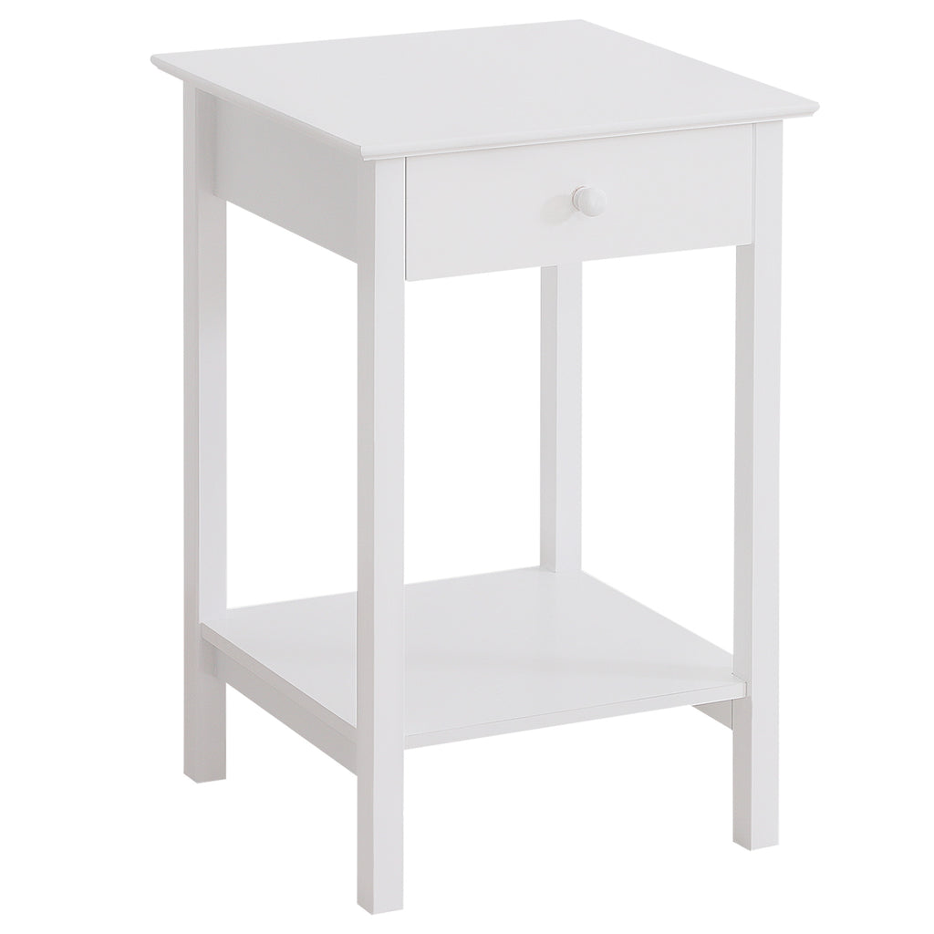 White bedside table with drawer and shelf, front view