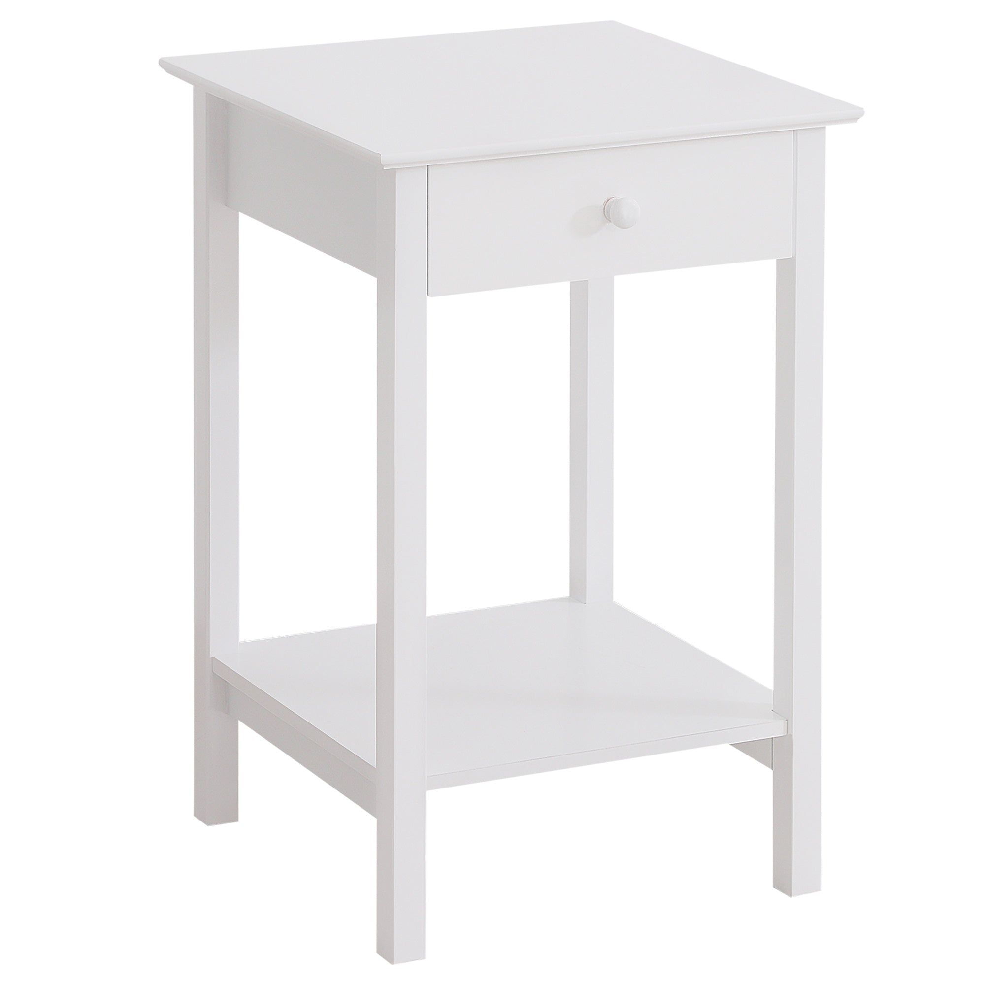 White bedside table with drawer and shelf, front view