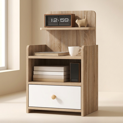 White bedside table with drawer and three shelves