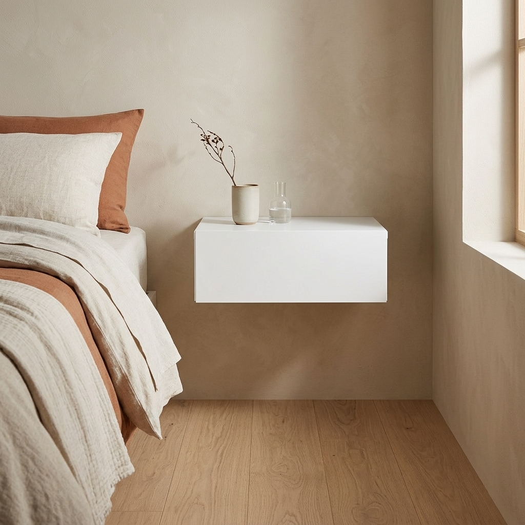 White floating bedside table styled beside a bed