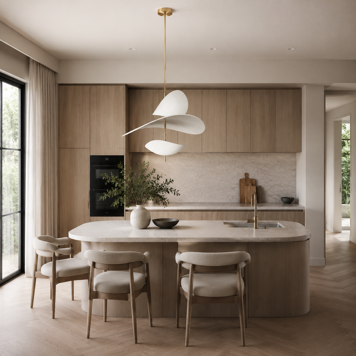 White and gold sculptural LED pendant light above a warm oak kitchen island