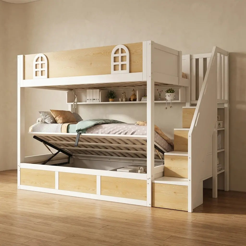 White and natural storage bunk bed with staircase in a warm modern British children’s bedroom
