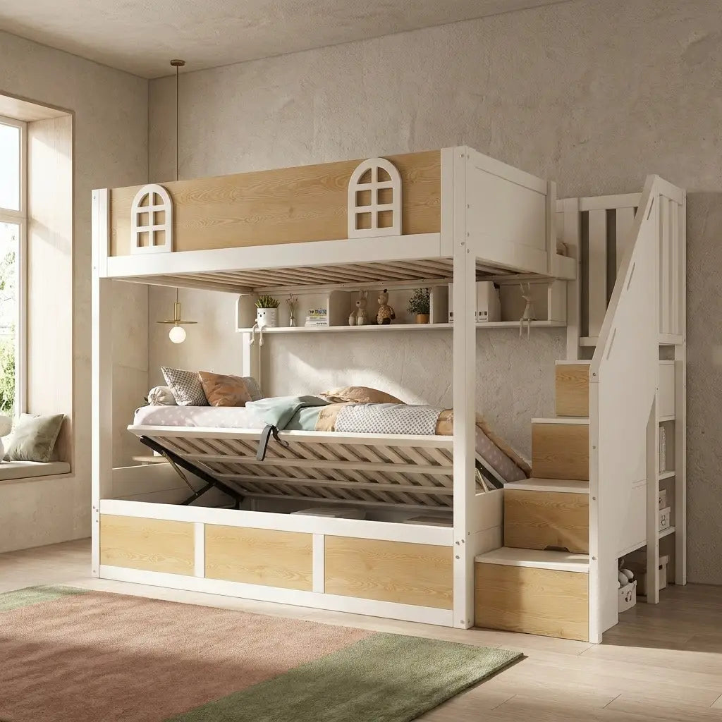White and natural storage bunk bed with staircase styled in a Nest Cream children’s bedroom