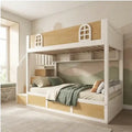 White and natural storage bunk bed with staircase premium product hero view in a children’s bedroom