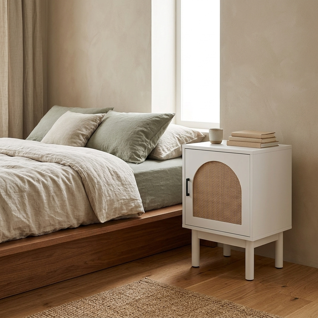 Rattan bedside table in white styled beside a bed