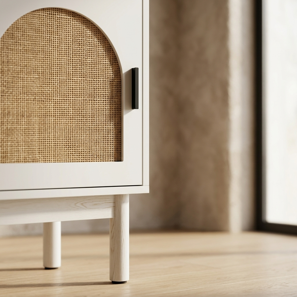 White rattan nightstand with cane door and shelf