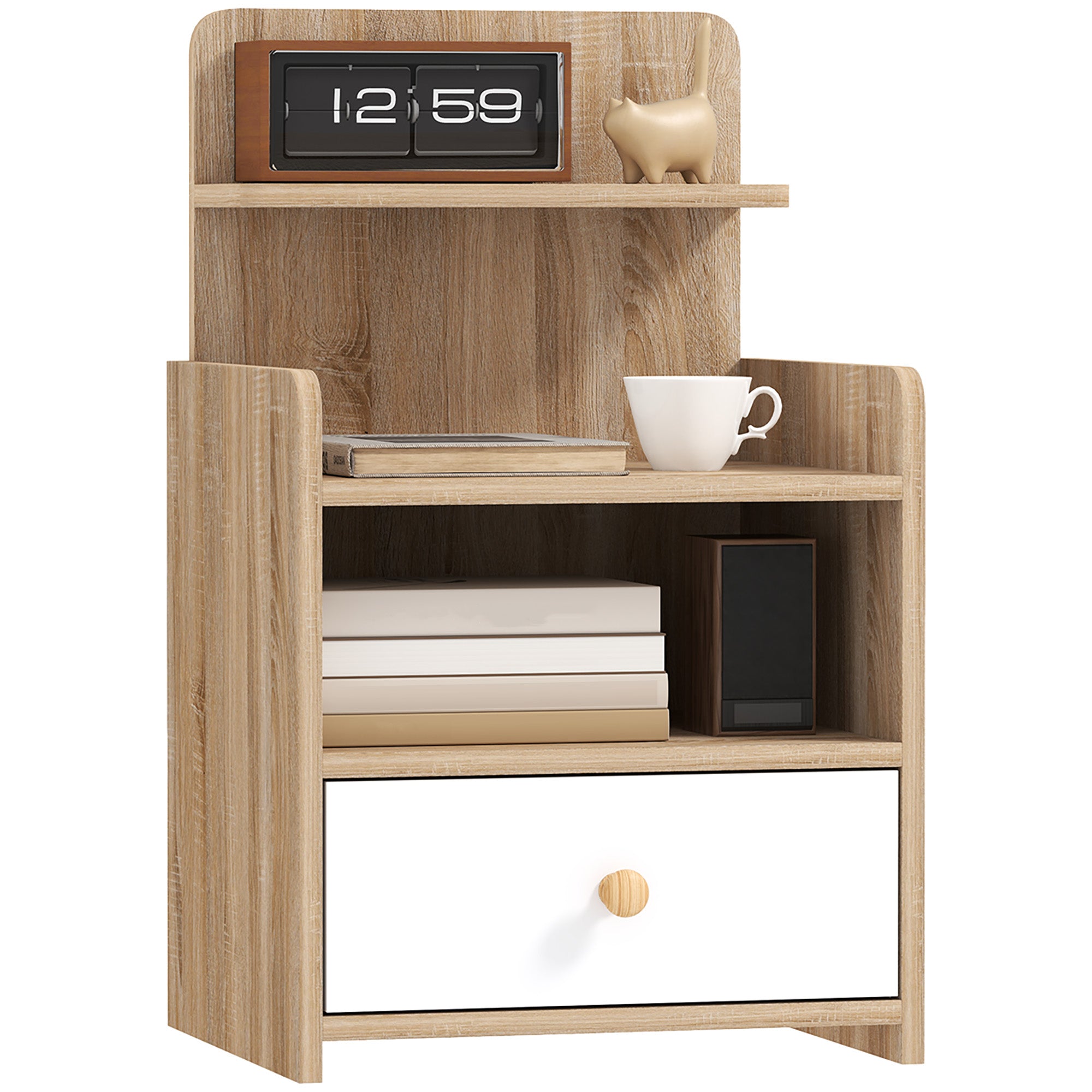 White and wood bedside table with shelves, front view