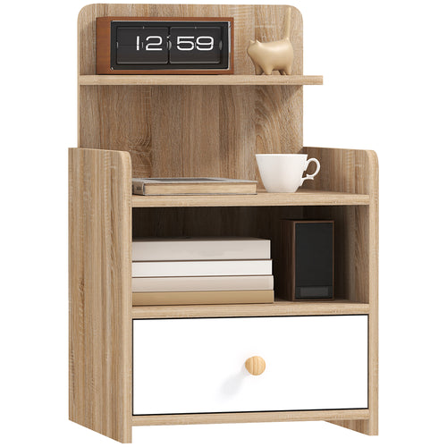 White and wood bedside table with shelves, front view