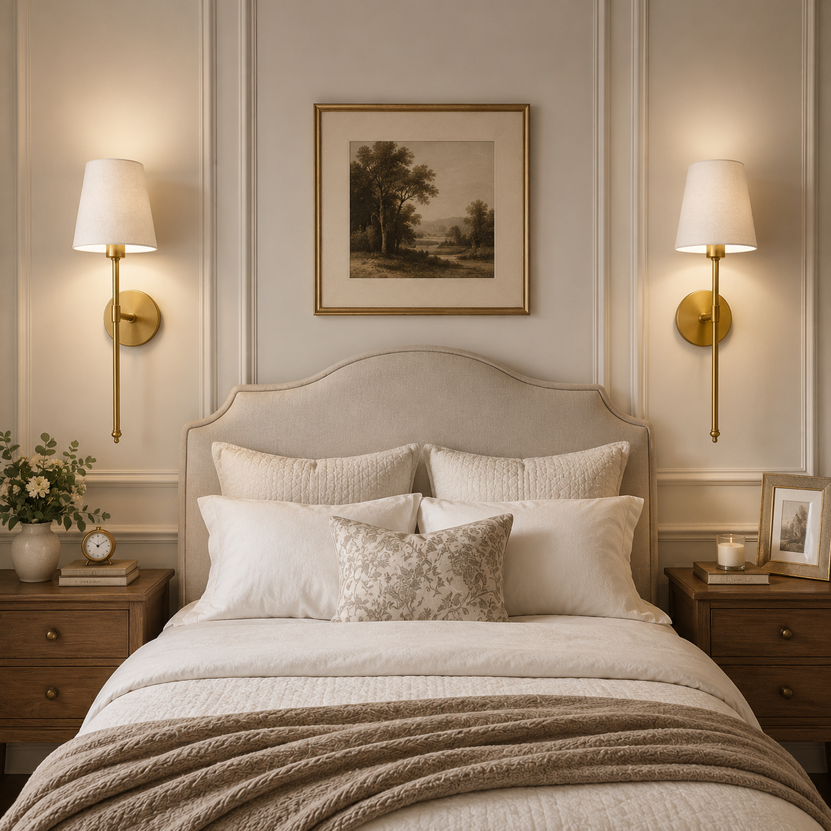 Gold wireless wall sconce with white fabric shade close-up