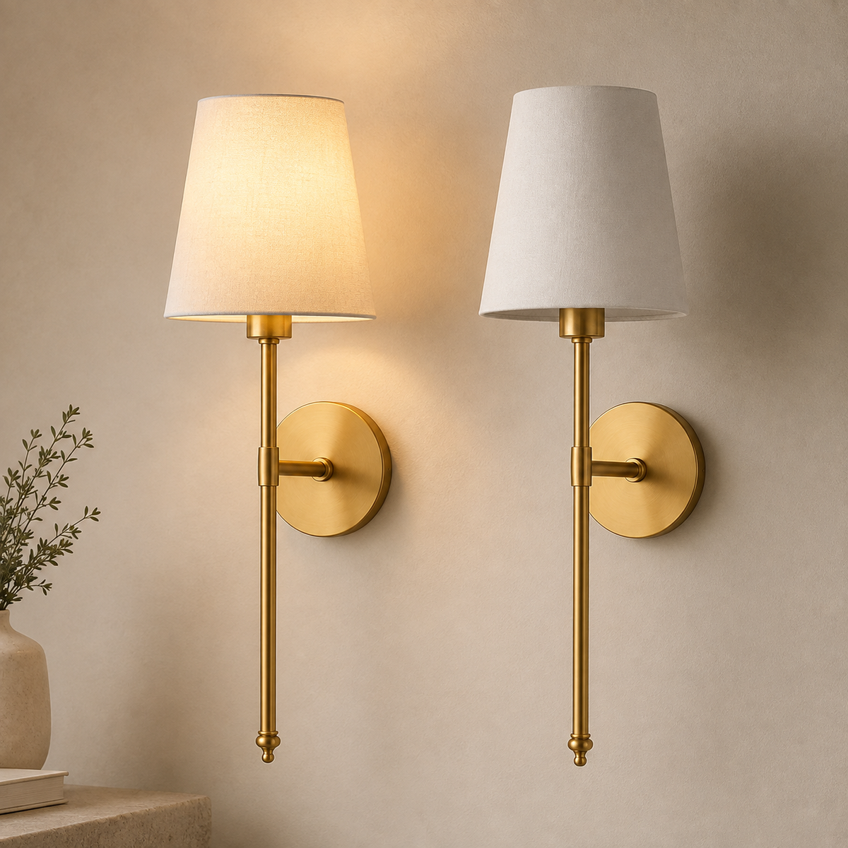 Wireless wall sconces styled beside a bed in a neutral bedroom
