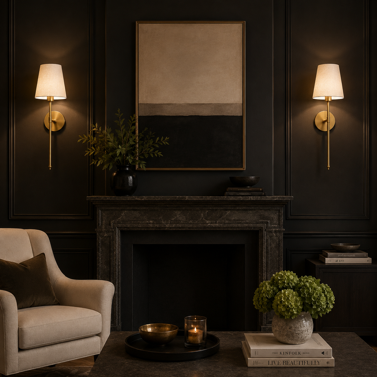 Pair of wireless wall sconces styled beside a living room fireplace