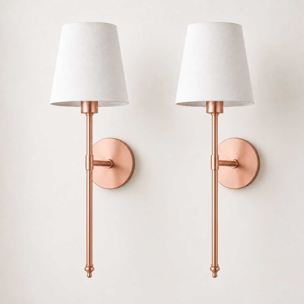 Set of two rose gold wireless wall sconces with white fabric shades