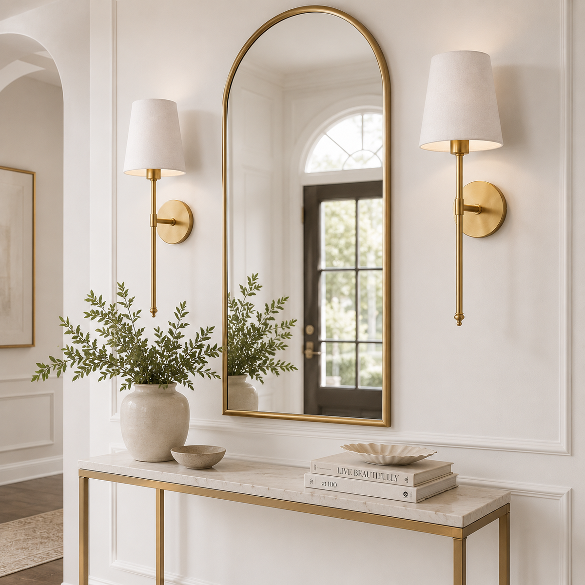 Set of two gold wireless wall sconces with white fabric shades