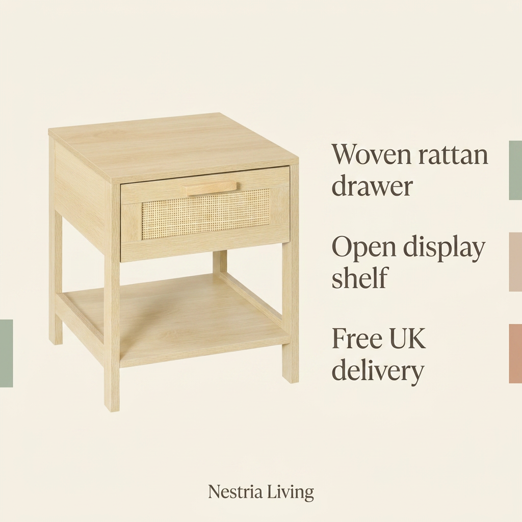 Wood-effect bedside table with woven drawer and shelf