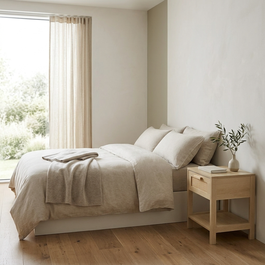 Wooden bedside table with rattan-front drawer