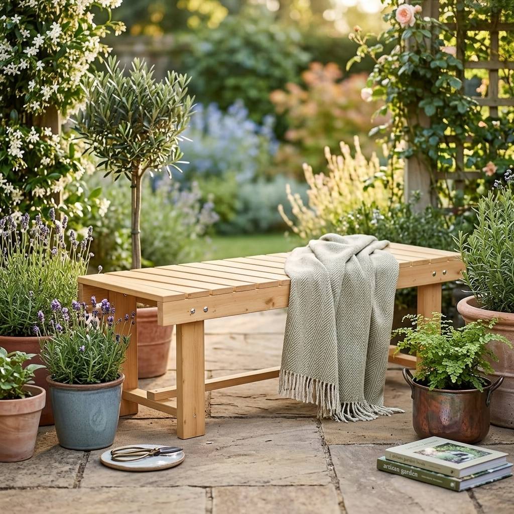 Fir wood garden bench on a patio with potted plants