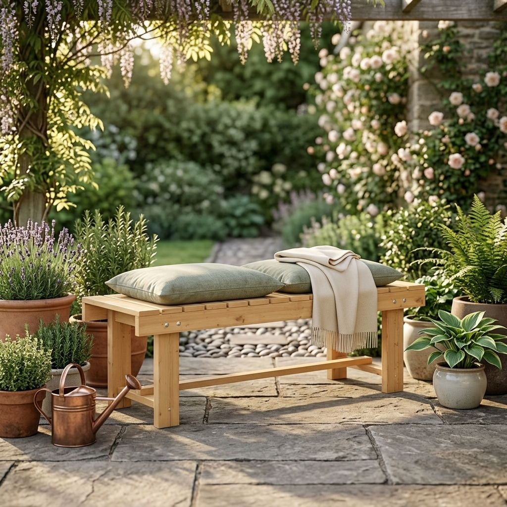 Wooden garden bench in a calm green garden setting