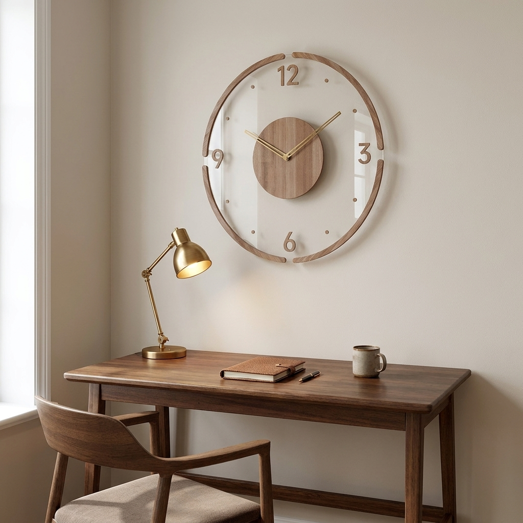 35cm wooden wall clock shown above a wooden desk and lamp to show its real size and scale