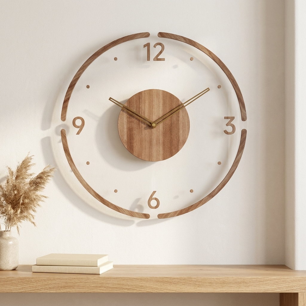 Type C wooden wall clock 35cm with open segmented wood ring, numerals at 12 3 6 9 and dot hour markers