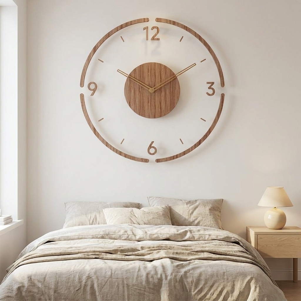 Type A wooden wall clock above a bed with oatmeal linen bedding and a pale oak bedside table