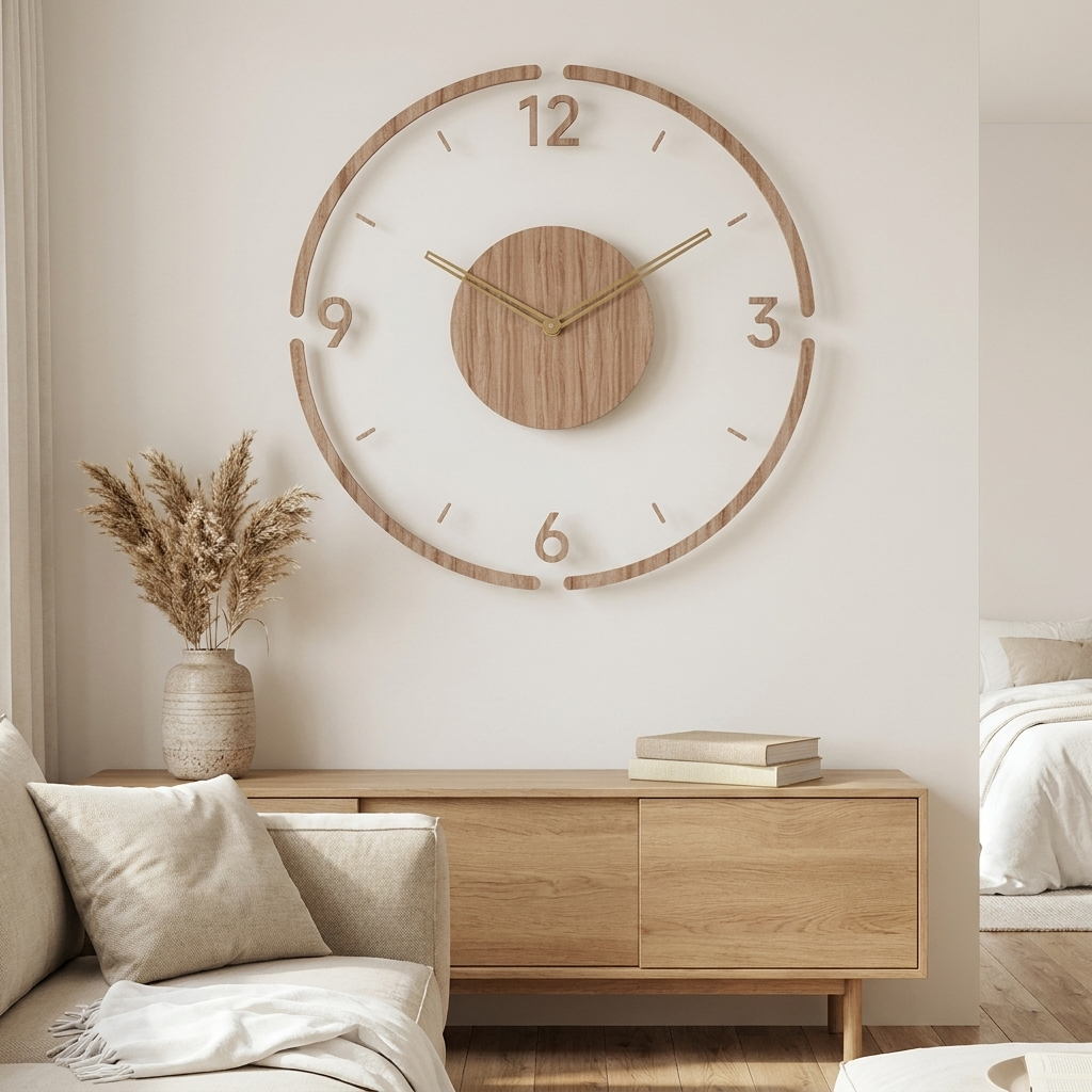 Type A wooden wall clock hung above an oak sideboard in a neutral British living room