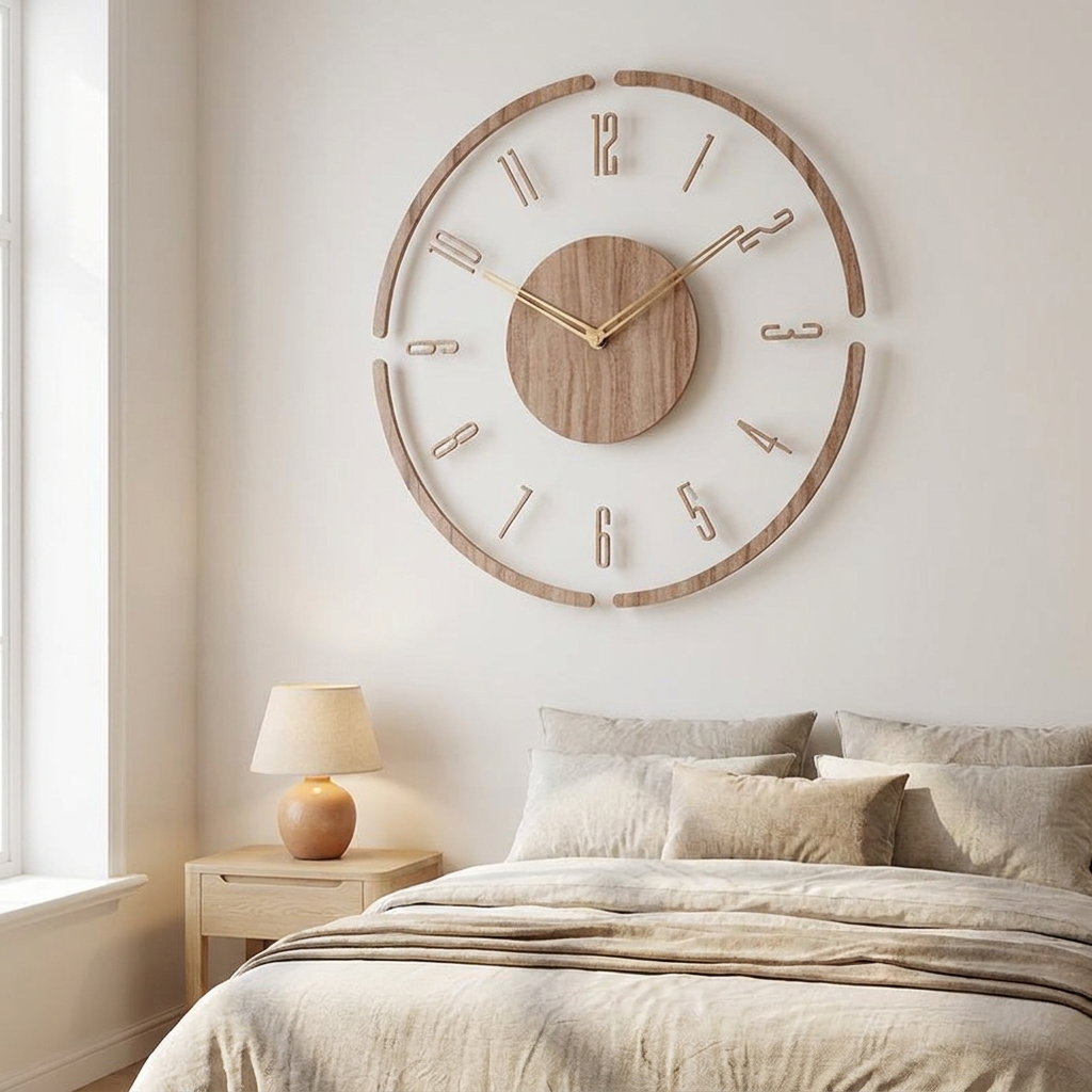 Type B wooden wall clock with twelve numerals above a linen dressed bed in a calm bedroom
