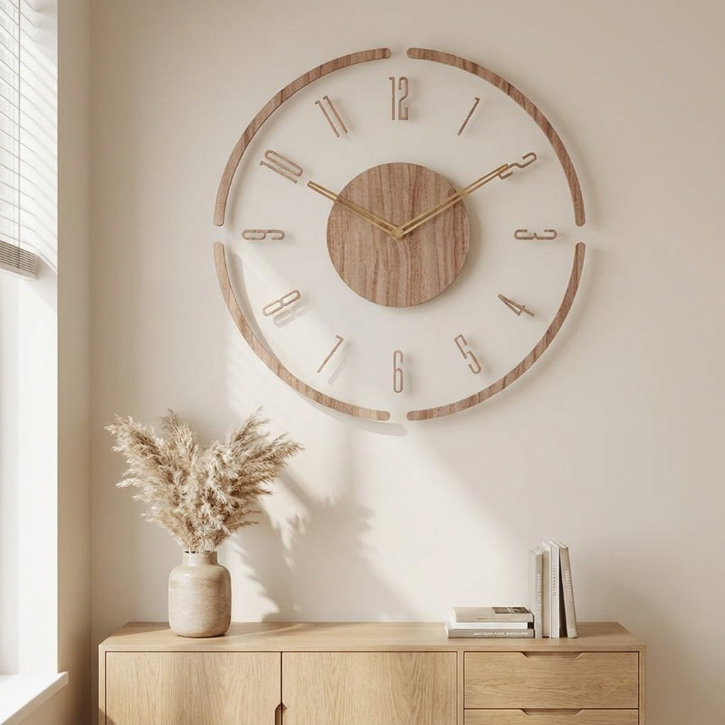 Type B wooden wall clock with twelve numerals above an oak sideboard in a sunlit living room