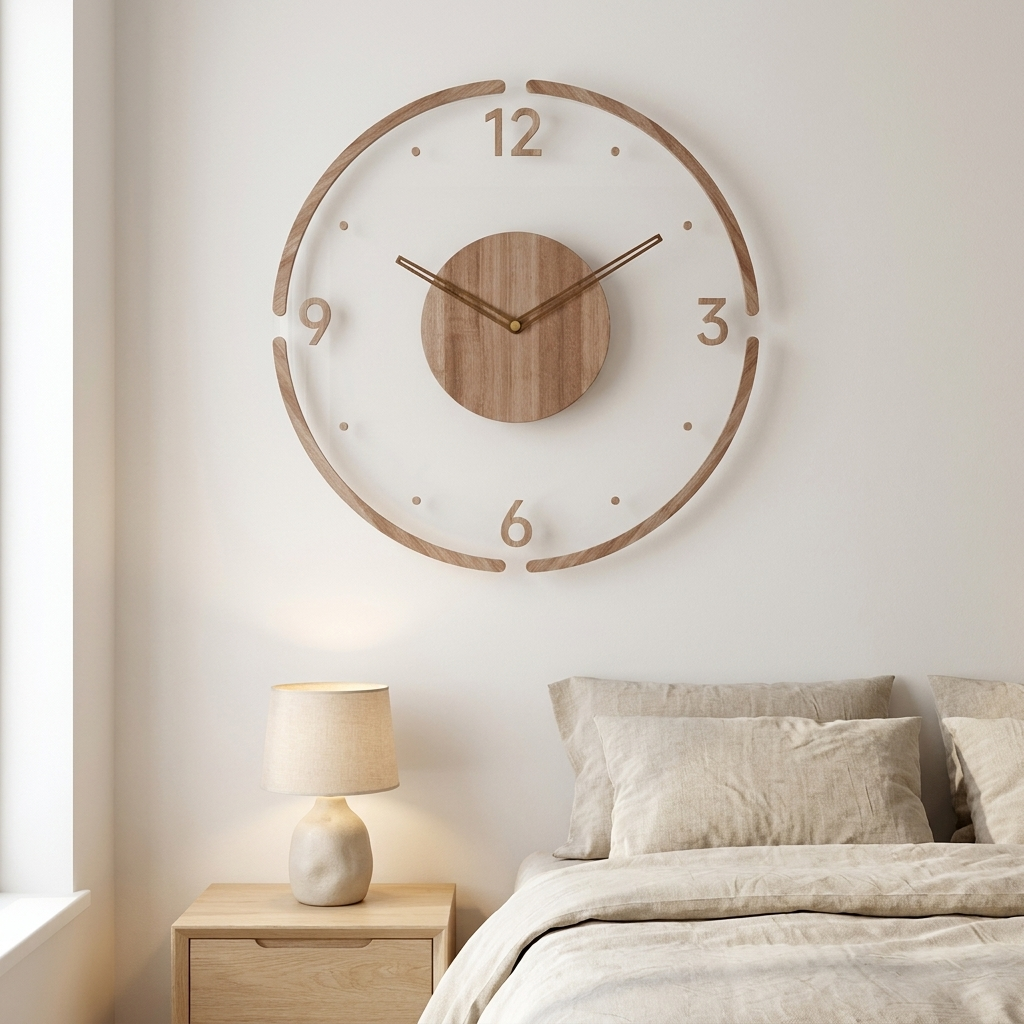 Type C silent wooden wall clock above a bed with oatmeal linen bedding and pale oak bedside table