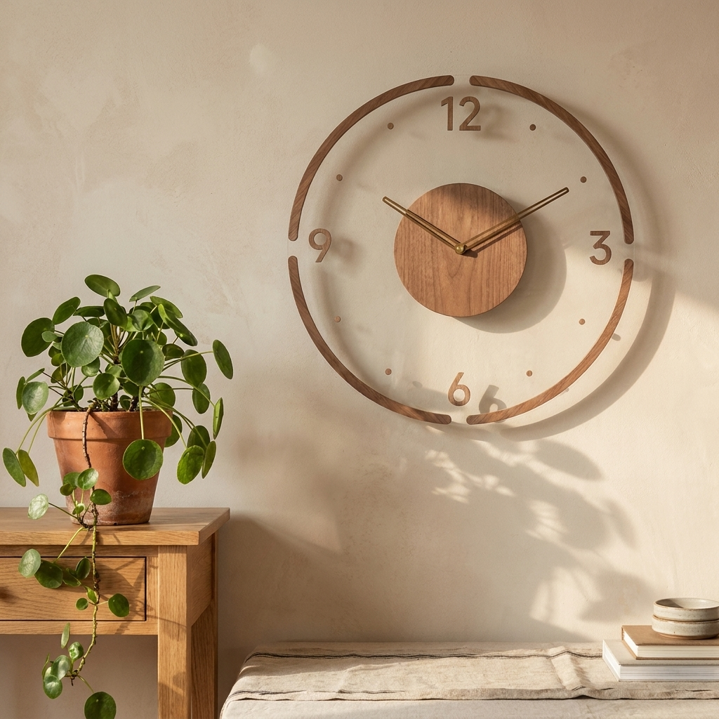 Minimalist Type C wooden wall clock in a sunlit corner with a trailing houseplant and soft shadow