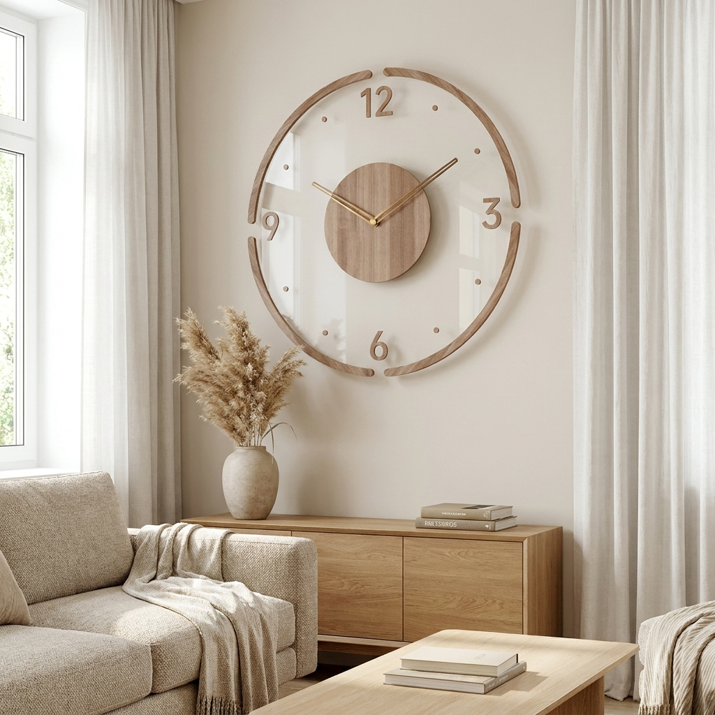 Type C wooden wall clock hung above an oak sideboard in a neutral British living room
