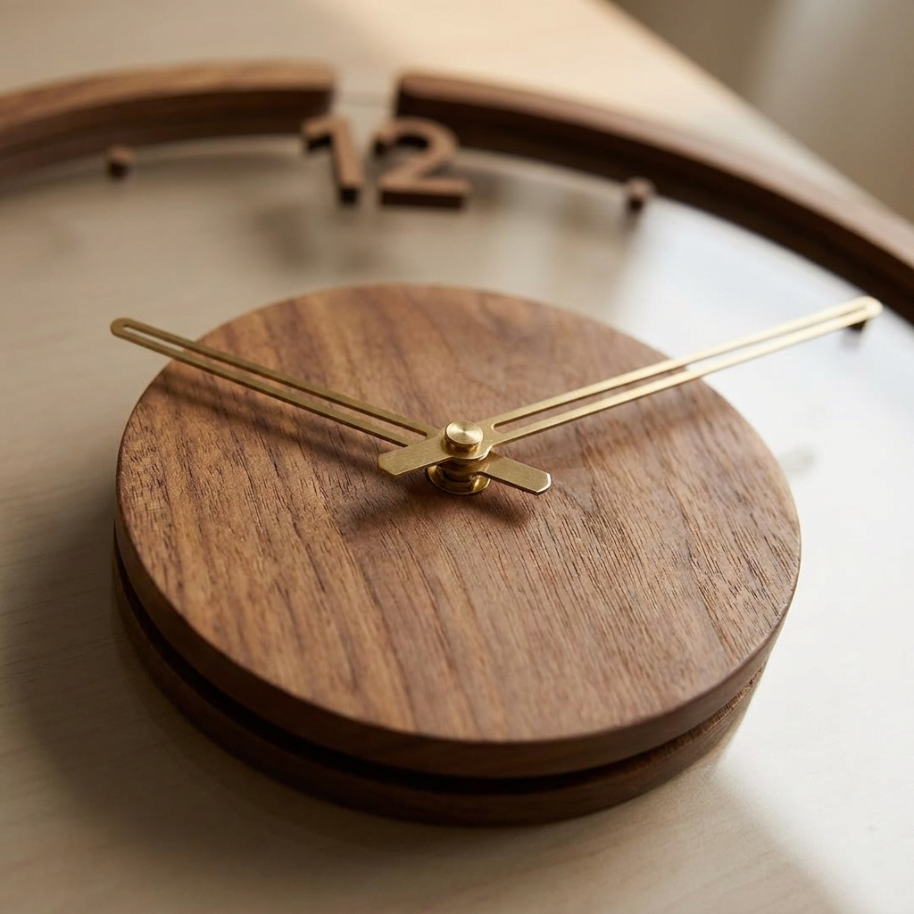 Close-up of wooden wall clock centre disc showing natural wood grain, slim brass hands and brass centre pin